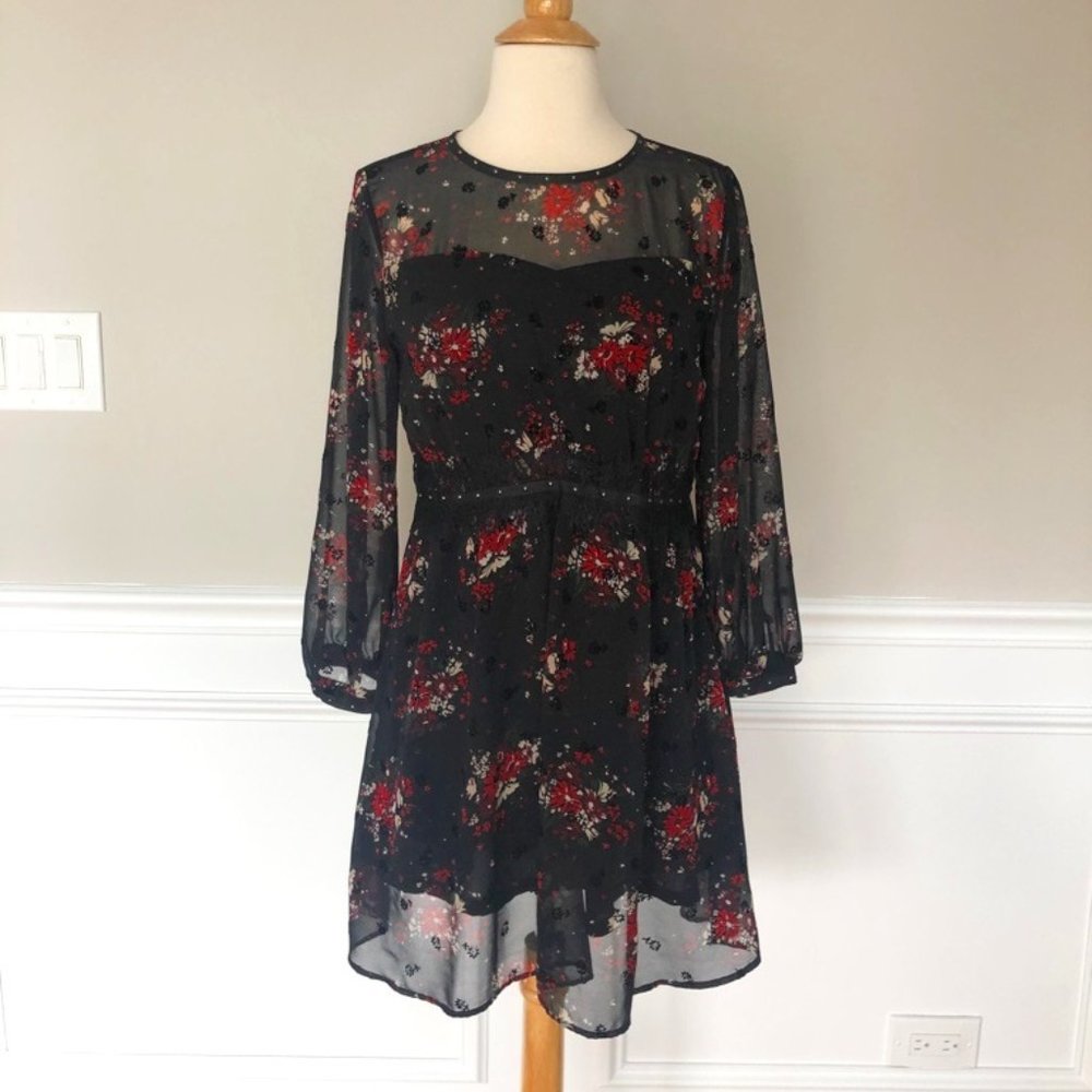 ZARA FLORAL BLACK DRESS WITH LACE TRIM